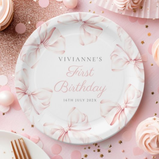 Roze Bow Meisje Eerste Verjaardag Papieren Bordje