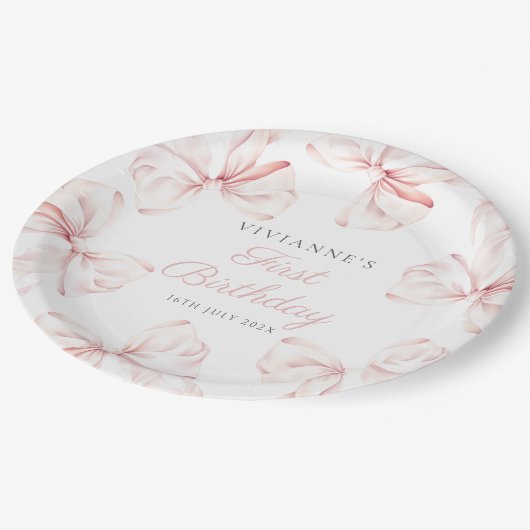 Roze Bow Meisje Eerste Verjaardag Papieren Bordje (Gekanteld)