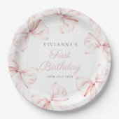 Roze Bow Meisje Eerste Verjaardag Papieren Bordje (Voorkant)