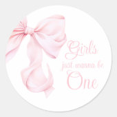 Roze Bow Meisje Eerste Verjaardag Ronde Sticker (Voorkant)