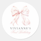 Roze Bow Meisje Eerste Verjaardag Ronde Sticker (Voorkant)