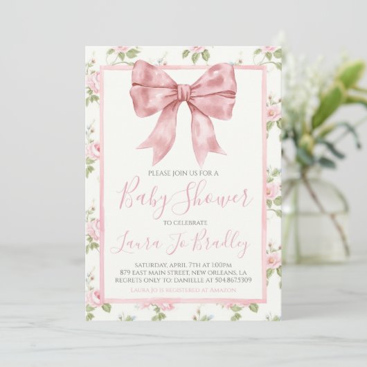 Roze Bow Meisje Preppy Southern Baby shower Kaart (Staand voorkant)