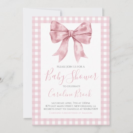 Roze Bow Meisje Preppy Southern Baby shower Kaart (Voorkant)