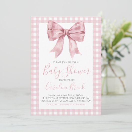 Roze Bow Meisje Preppy Southern Baby shower Kaart (Staand voorkant)