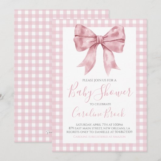 Roze Bow Meisje Preppy Southern Baby shower Kaart (Voorkant / Achterkant)