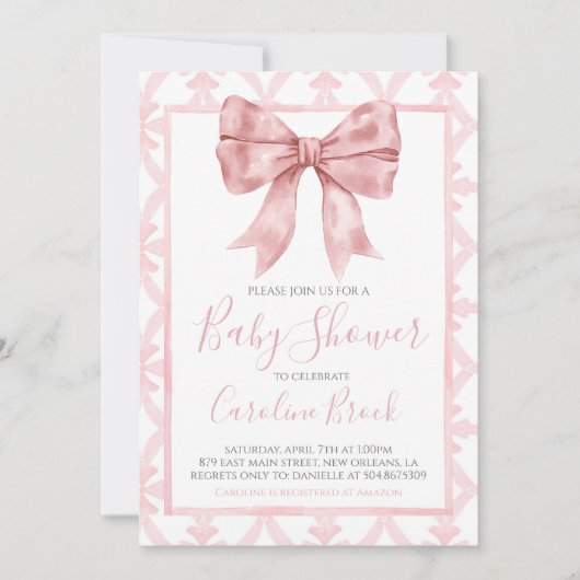Roze Bow Meisje Preppy Southern Baby shower Kaart (Voorkant)