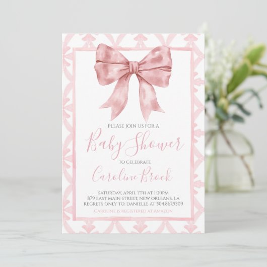 Roze Bow Meisje Preppy Southern Baby shower Kaart (Staand voorkant)