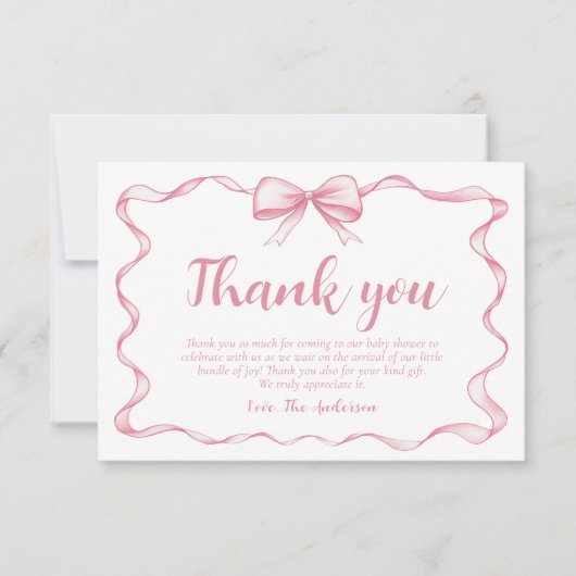 Roze Bow Meisje Ribbon Baby shower Dank u Kaart (Voorkant)