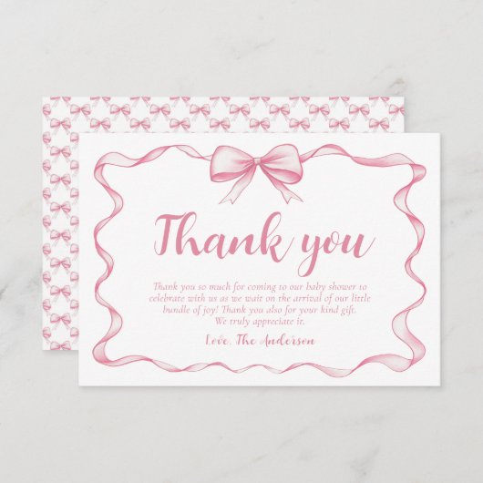 Roze Bow Meisje Ribbon Baby shower Dank u Kaart (Voorkant / Achterkant)