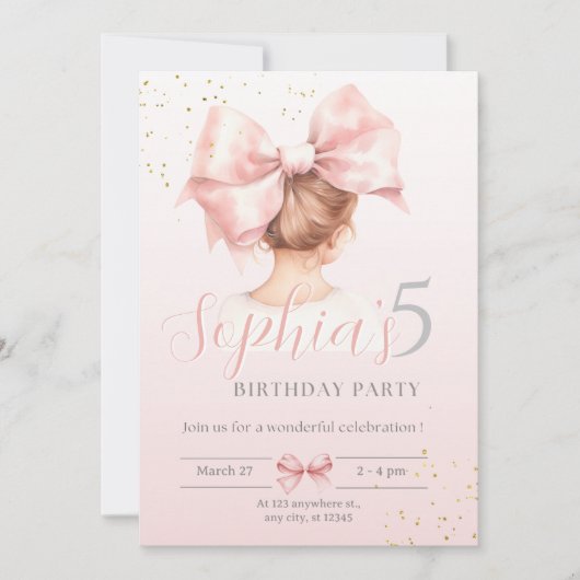 Roze Bow Meisje Verjaardag Uitnodiging Preppy Wate (Voorkant)