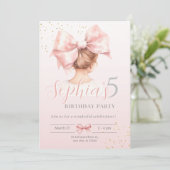 Roze Bow Meisje Verjaardag Uitnodiging Preppy Wate (Staand voorkant)