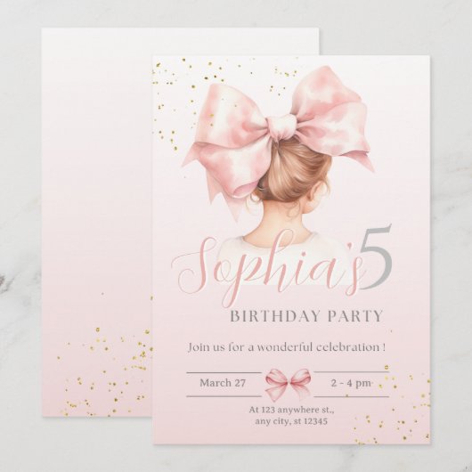 Roze Bow Meisje Verjaardag Uitnodiging Preppy Wate (Voorkant / Achterkant)