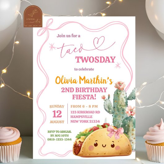 Roze Bow Mexicaanse Taco Twosday 2e Verjaardag Mei Kaart