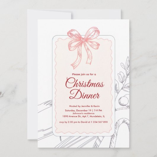 Roze Bow Minimalist Line Art Kerstdiner Feestdagenkaart (Voorkant)