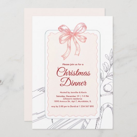 Roze Bow Minimalist Line Art Kerstdiner Feestdagenkaart (Voorkant / Achterkant)