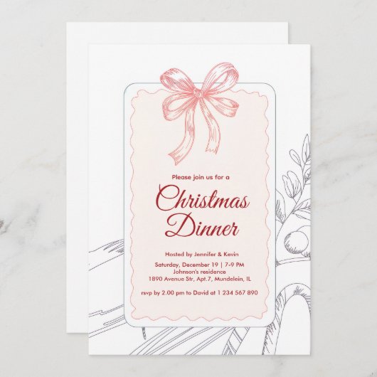 Roze Bow Minimalist Line Art Kerstdiner Feestdagenkaart (Voorkant / Achterkant)