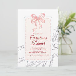 Roze Bow Minimalist Line Art Kerstdiner Feestdagenkaart