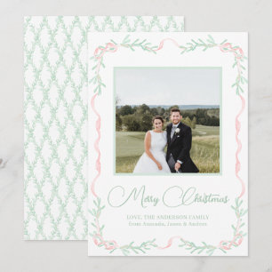 Roze Bow Mistletoe Greenery kerstfoto Feestdagenkaart