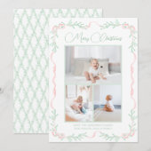 Roze Bow Mistletoe Groen Kerstmis Drie foto's Feestdagenkaart (Voorkant / Achterkant)