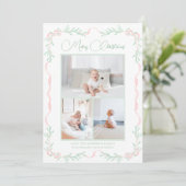 Roze Bow Mistletoe Groen Kerstmis Drie foto's Feestdagenkaart (Staand voorkant)