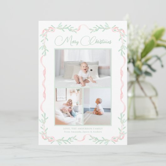 Roze Bow Mistletoe Groen Kerstmis Drie foto's Feestdagenkaart (Staand voorkant)