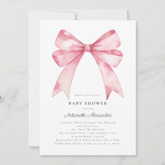 Roze Bow Modern Coquette Meisje Baby shower Kaart (Voorkant)