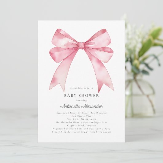 Roze Bow Modern Coquette Meisje Baby shower Kaart (Staand voorkant)