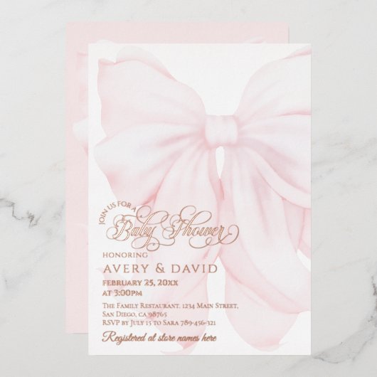 Roze Bow Modern Elegant Meisje Baby shower Folie Uitnodiging (Voorkant / Achterkant)