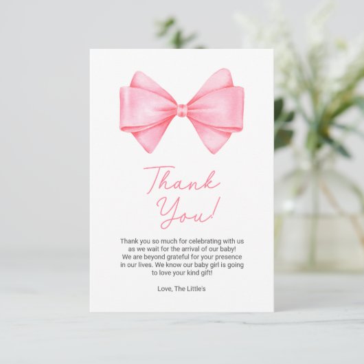 Roze Bow Modern Meisje Baby shower Bedankkaart (Staand voorkant)