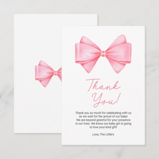 Roze Bow Modern Meisje Baby shower Bedankkaart (Voorkant / Achterkant)