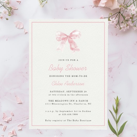 Roze Bow Modern Minimalistisch Meisje Baby shower Kaart