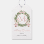 Roze Bow Monogram Crest Kerstmis Cadeaulabel (Voorkant)