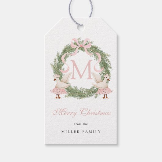 Roze Bow Monogram Crest Kerstmis Cadeaulabel (Voorkant)