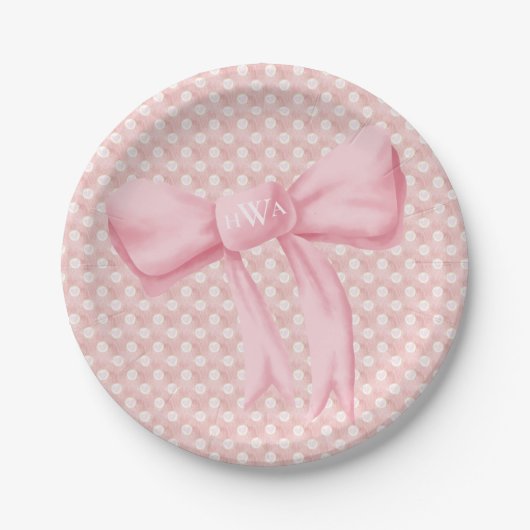 Roze Bow Monogram Hart Papieren Bordje (Voorkant)