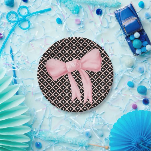 Roze Bow Monogram Hart Papieren Bordje (Feest)