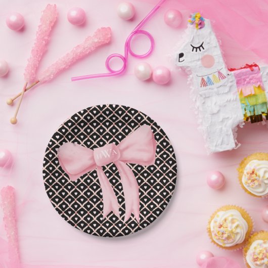 Roze Bow Monogram Hart Papieren Bordje (Feest)