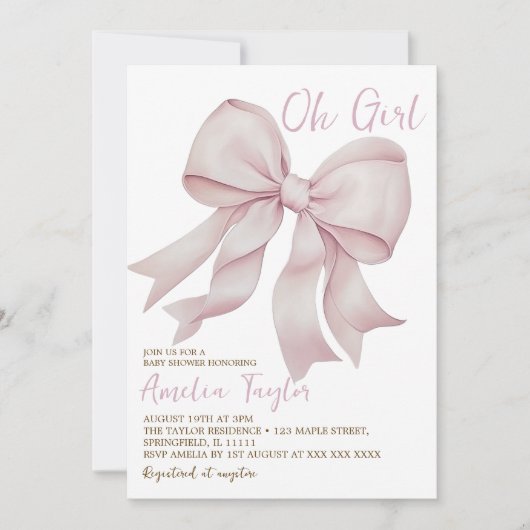 Roze Bow Oh Meisje Elegant Baby shower Kaart (Voorkant)