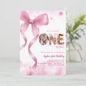 Roze Bow Onederful Baby Meisje Foto 1e verjaardag Kaart (Staand voorkant)