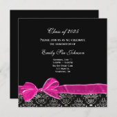 Roze Bow op Damask voor Afstuderen Invitation Kaart (Voorkant / Achterkant)