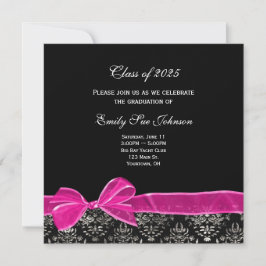 Roze Bow op Damask voor Afstuderen Invitation Kaart