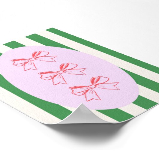 Roze Bow op Green Stripe Patroon Wall Art Print (Hoek)