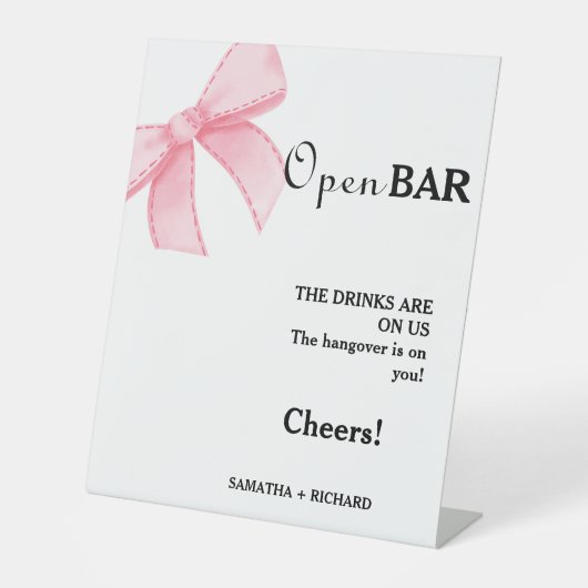 Roze Bow Open Bar Bruiloft Drinken Bar Teken Reclamebord Met Voetstuk (Voorkant)