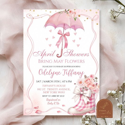 Roze Bow Paraplu Laarzen April Douches Baby Meisje Kaart
