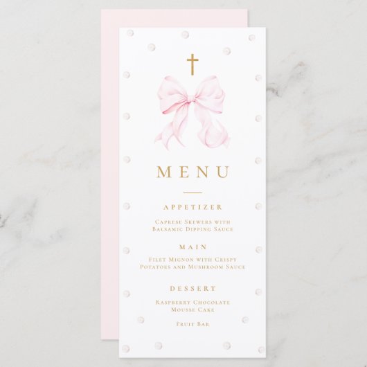 Roze Bow Parels Doop Platte Menu (Voorkant / Achterkant)