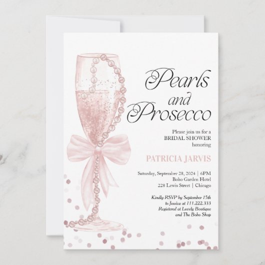 Roze Bow Parels en Prosecco Vrijgezellenfeest Kaart (Voorkant)