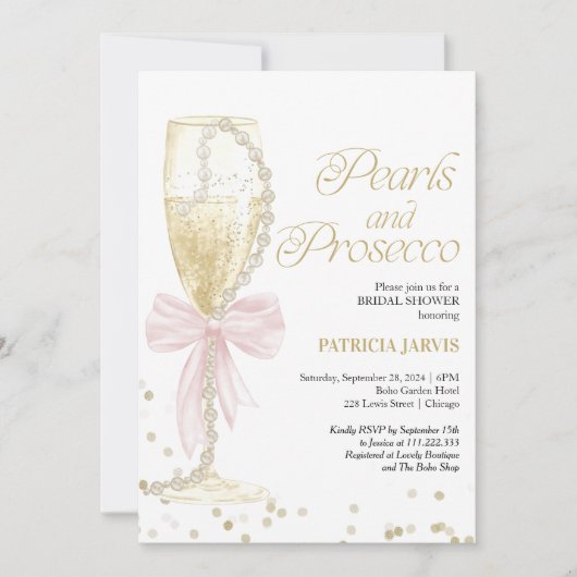 Roze Bow Parels en Prosecco Vrijgezellenfeest Kaart (Voorkant)