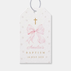 Roze Bow Parels Meisje Doop Cadeaulabel
