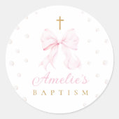 Roze Bow Parels Meisje Doop Ronde Sticker (Voorkant)