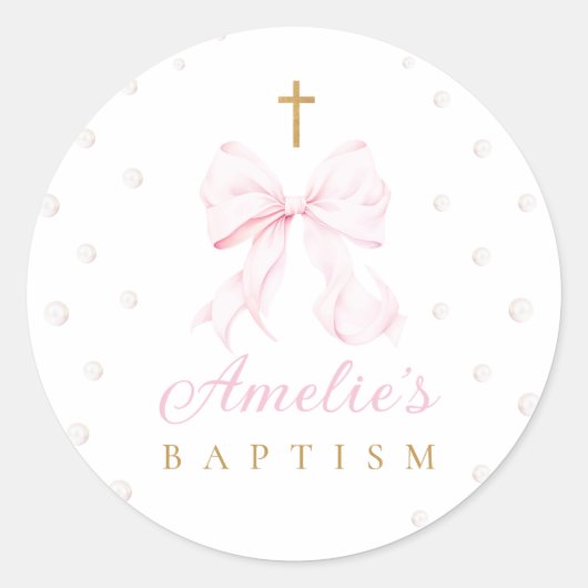 Roze Bow Parels Meisje Doop Ronde Sticker (Voorkant)