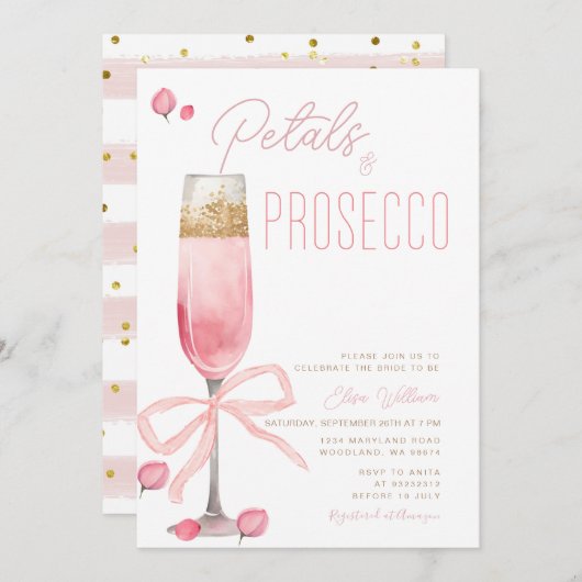 Roze Bow Petals en Prosecco Vrijgezellenfeest Kaart (Voorkant / Achterkant)